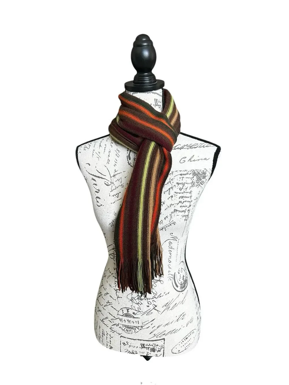 Wool Blend Stripe Scarf Fall Colors Brown Green Maroon Orange Fringe